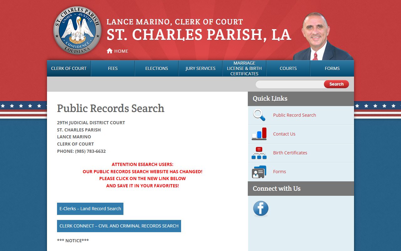 St. Charles Parish Clerk of Court records public records search page
