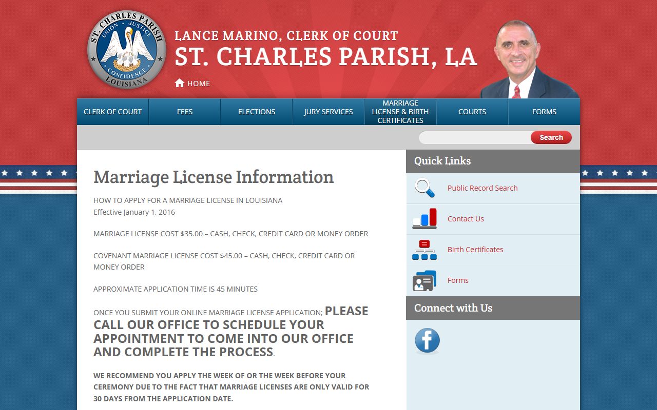 St. Charles Parish marriage records Clerk marriage license information page