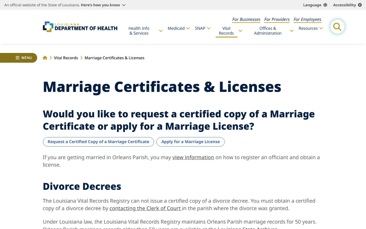 St. Charles Parish marriage records Louisiana Department of Health marriage information