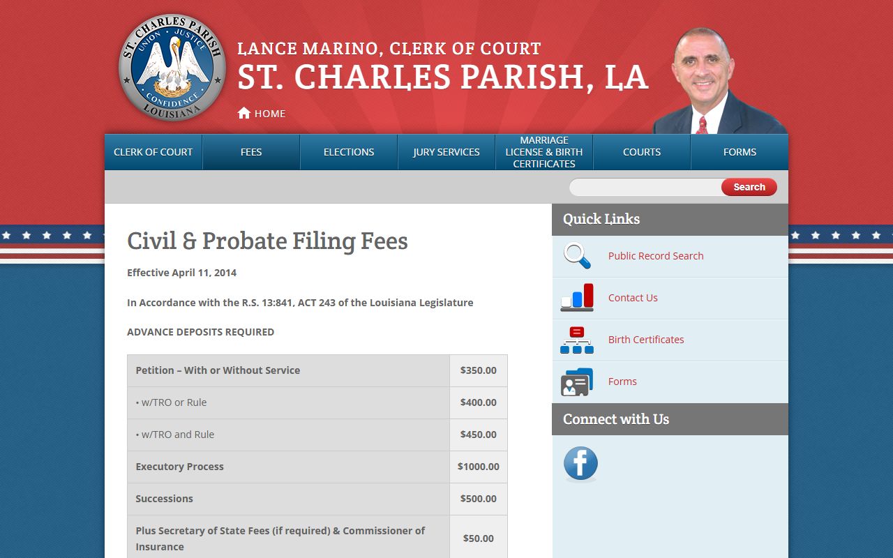 St. Charles Parish probate records Clerk civil and probate filing fees page