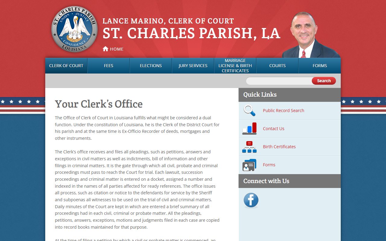 St. Charles Parish probate records Clerk office court and recorder role